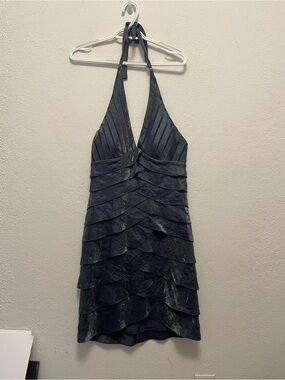 Cache Cocktail Dress Women's Size 6 Metallic Silver Halter Tiered Y2K Evening